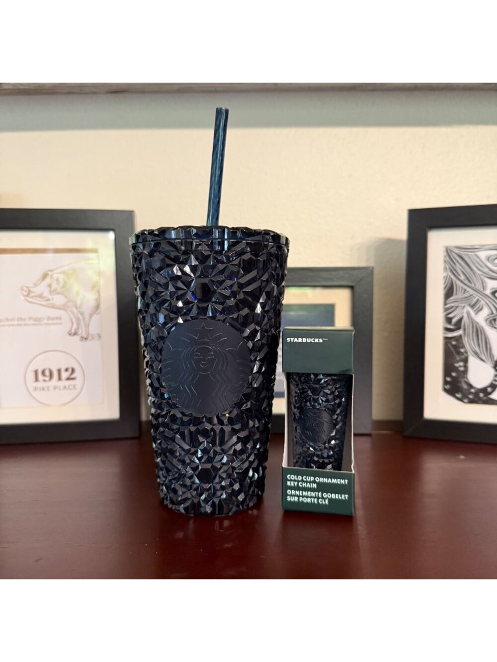 Starbucks Midnight Blue Jeweled Tumbler With Matching Key Chain Ornament NEW